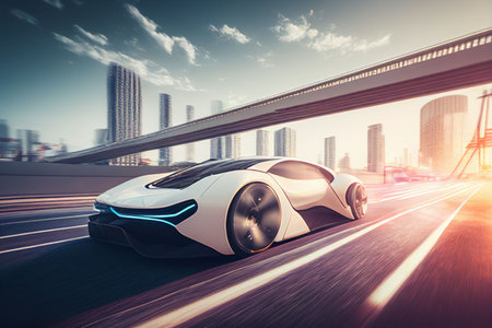 Electric sport car running on the morning road in future city Created with Generative AI technology.の素材