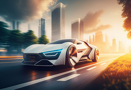 Electric sport car running on the morning road in future city Created with Generative AI technology.の素材