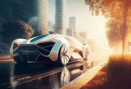 Electric sport car running on the morning road in future city Created with Generative AI technology.の素材