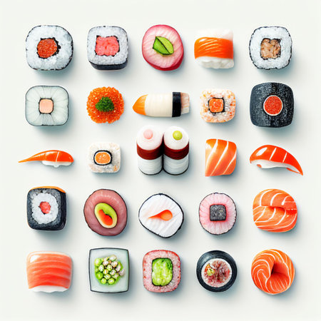 Sushi rolls collection with fresh raw on white background. Created with Generative AI technology.の素材