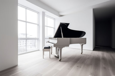 Illustration of grand piano in white room with copy space Created with Generative AI technology.の素材