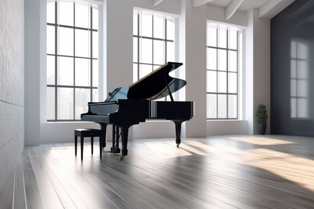 Illustration of grand piano in white room with copy space Created with Generative AI technology.の素材