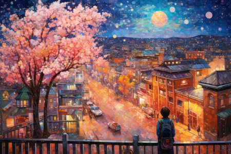 Illustration of beautiful city at night by mosaic paint style Created with Generative AI technology.の素材