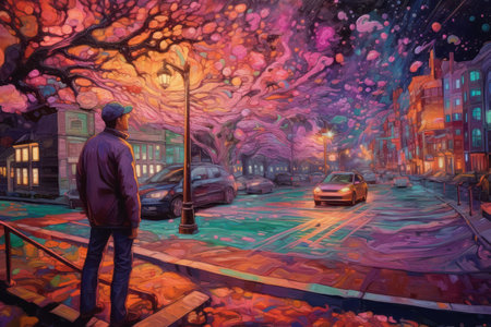 Illustration of beautiful city at night by mosaic paint style Created with Generative AI technology.の素材