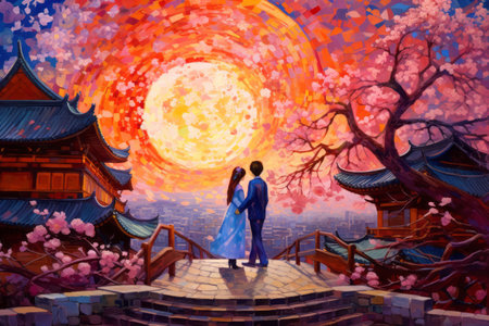 Illustration of beautiful city at night by mosaic paint style Created with Generative AI technology.の素材