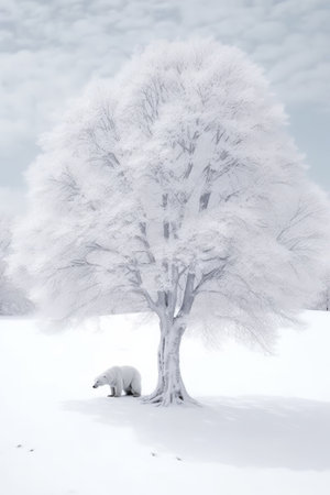 Illustration beautiful landscape of big tree and snow winter Created with Generative AI technology.の素材