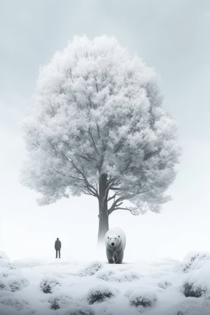 Illustration beautiful landscape of big tree and snow winter Created with Generative AI technology.の素材