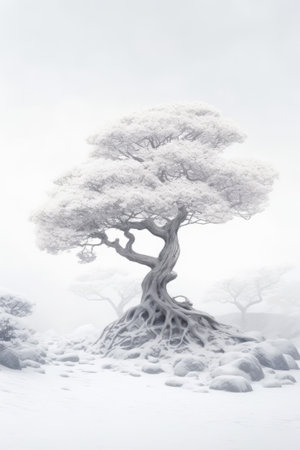 Illustration beautiful landscape of big tree and snow winter Created with Generative AI technology.の素材