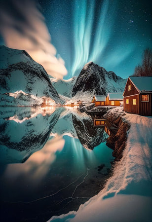 Beautiful village with aurora and star trail over night sky Created with Generative AI technology.の素材