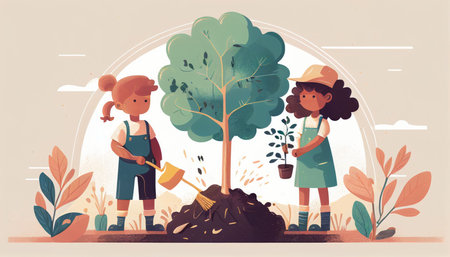 Children planting a tree for health the world and environment Created with Generative AI technology.の素材