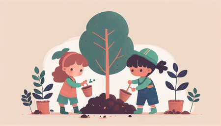 Children planting a tree for health the world and environment Created with Generative AI technology.の素材