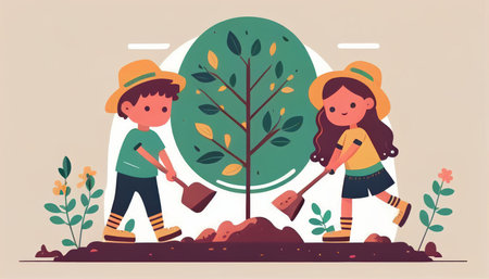 Children planting a tree for health the world and environment Created with Generative AI technology.の素材