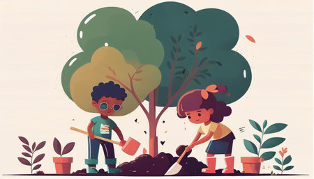 Children planting a tree for health the world and environment Created with Generative AI technology.の素材