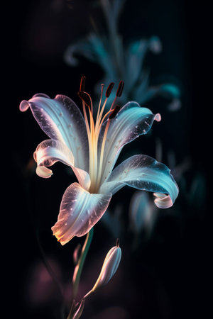 Magic lily flower colorful spectrum in the dark like a dream Created with Generative AI technology.の素材