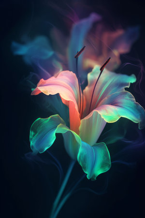Magic lily flower colorful spectrum in the dark like a dream Created with Generative AI technology.の素材