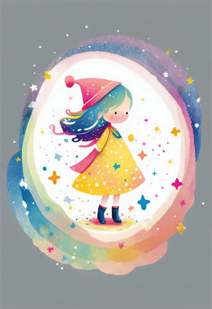 Cover book of kid standing on universe with cute little stars Created with Generative AI technology.の素材