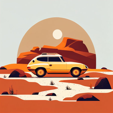 Illustration of minimalist sport car on landscape background Created with Generative AI technology.の素材