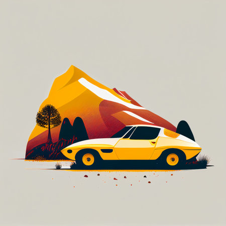 Illustration of minimalist sport car on landscape background Created with Generative AI technology.の素材