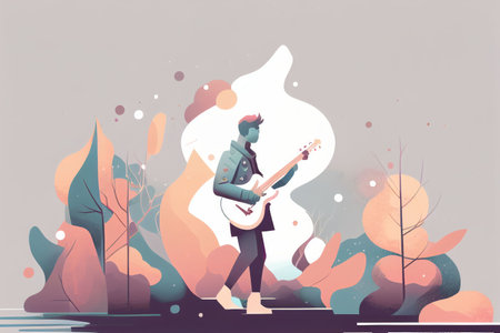 Illustration of musician playing guitar and singing on stage Created with Generative AI technology.の素材