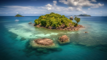 Tropical island in the ocean with palm trees and clear water Created with Generative AI technology.の素材