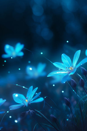 Magic white flower on blue spectrum in the dark like a dream Created with Generative AI technology.の素材