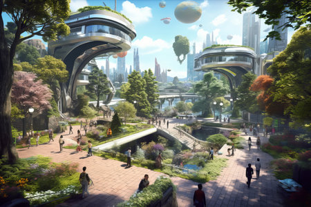 Conceptual of eco public park with clean energy in the future Created with Generative AI technology.の素材