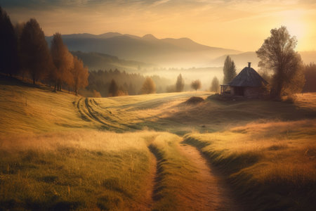Beautiful landscape countryside with green meadow on the hill Created with Generative AI technology.の素材
