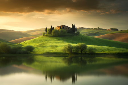 Beautiful landscape countryside with green meadow on the hill Created with Generative AI technology.の素材