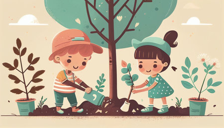Children planting a tree for health the world and environment Created with Generative AI technology.の素材