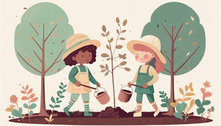 Children planting a tree for health the world and environment Created with Generative AI technology.の素材