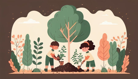 Children planting a tree for health the world and environment Created with Generative AI technology.の素材