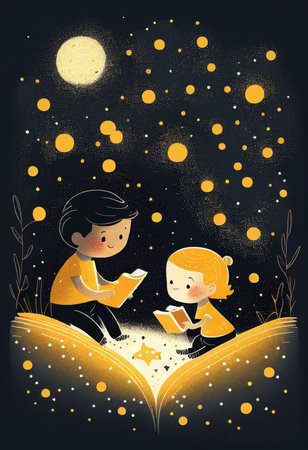 Cover book of kid standing on universe with cute little stars Created with Generative AI technology.の素材