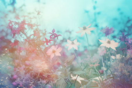 Field colorful blooming flower in pastel color for background Created with Generative AI technology.の素材