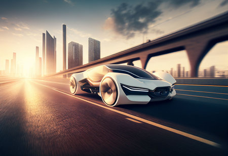Electric sport car running on the morning road in future city Created with Generative AI technology.の素材