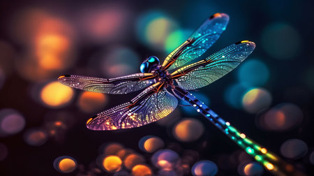 Beautiful colorful dragonfly on rainbow bokeh background Created with Generative AI technology.の素材