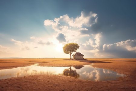 Beautiful landscape countryside with green meadow on the hill Created with Generative AI technology.の素材