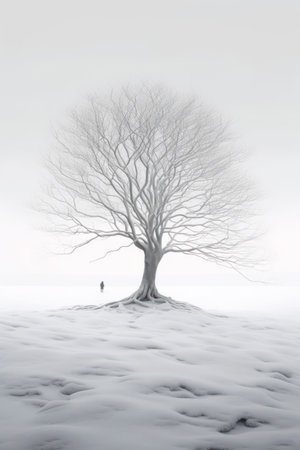 Illustration beautiful landscape of big tree and snow winter Created with Generative AI technology.の素材
