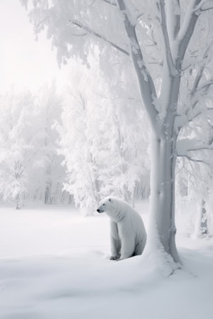 Illustration beautiful landscape of big tree and snow winter Created with Generative AI technology.の素材