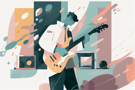 Illustration of musician playing guitar and singing on stage Created with Generative AI technology.の素材