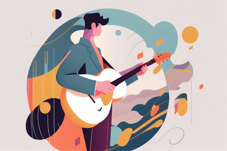 Illustration of musician playing guitar and singing on stage Created with Generative AI technology.の素材