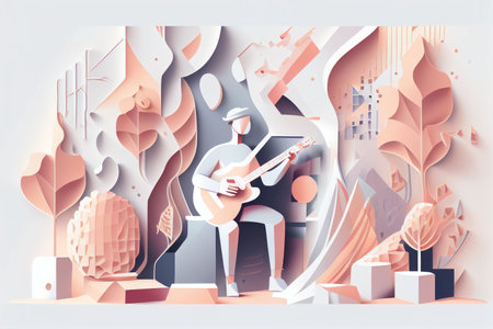 Illustration of musician playing guitar and singing on stage Created with Generative AI technology.の素材