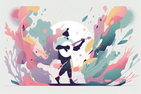 Illustration of musician playing guitar and singing on stage Created with Generative AI technology.の素材