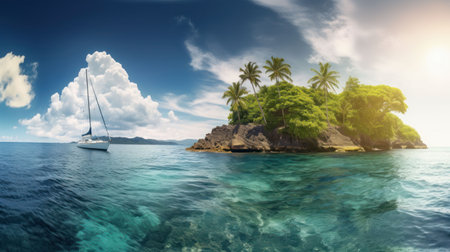 Tropical island in the ocean with palm trees and clear water Created with Generative AI technology.の素材