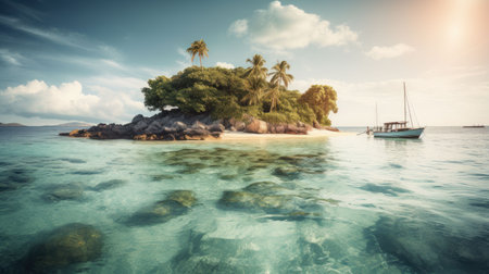 Tropical island in the ocean with palm trees and clear water Created with Generative AI technology.の素材
