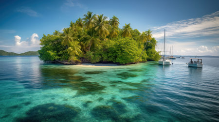 Tropical island in the ocean with palm trees and clear water Created with Generative AI technology.の素材