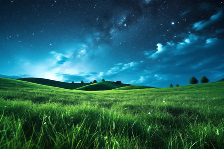 Green meadow and tree on hills at stars night sky background Created with Generative AI technology.の素材