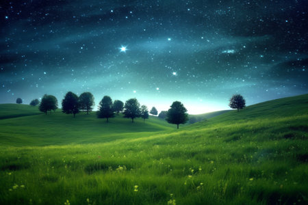 Green meadow and tree on hills at stars night sky background Created with Generative AI technology.の素材