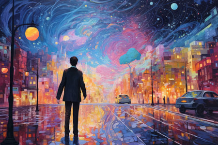 Illustration of beautiful city at night by mosaic paint style Created with Generative AI technology.の素材