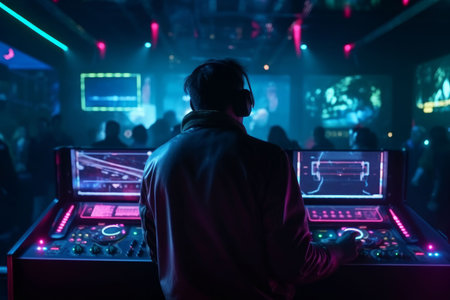 DJ player audio mixing electronic music in a nightclub party Created with Generative AI technology.の素材