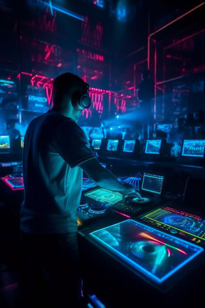 DJ player audio mixing electronic music in a nightclub party Created with Generative AI technology.の素材
